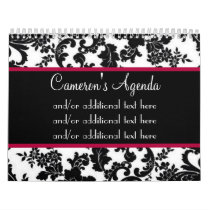 Black & White Damask Floral, Red Border Calendar