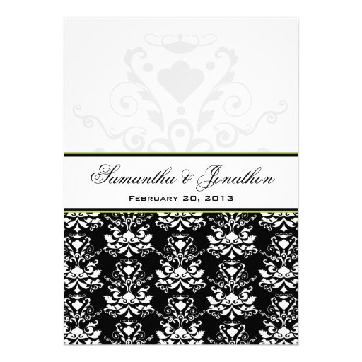 Black & White Damask Green Accent Wedding Invite