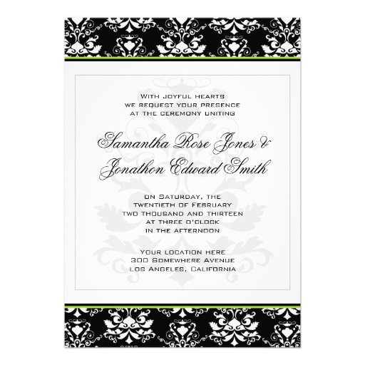 Black & White Damask Green Accent Wedding Invite