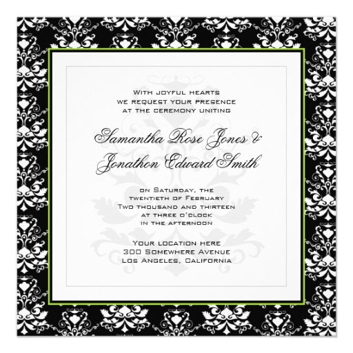 Black & White Damask Green Photo Wedding Invite