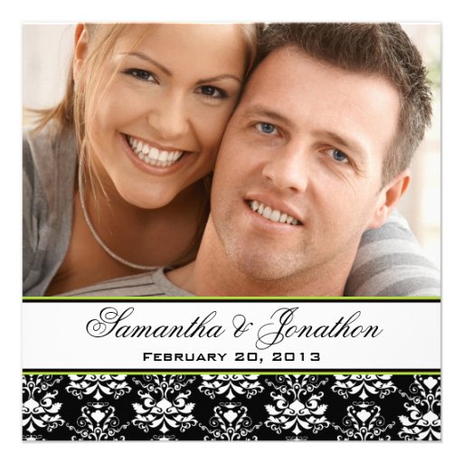 Black & White Damask Green Photo Wedding Invite