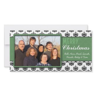 Black & White Damask Green Trim Merry Christmas photocard
