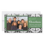 Black & White Damask Green Trim Merry Christmas photo cards