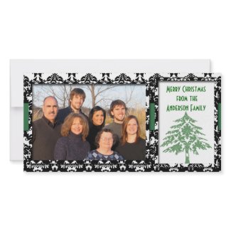 Black & White Damask GreenTree Merry Christmas photocard