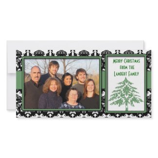 Black & White Damask GreenTree Merry Christmas photocard