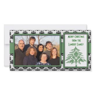 Black & White Damask GreenTree Merry Christmas photocard