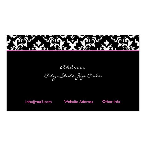 Black white damask hot pink heart business card (back side)