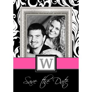 Black White Damask Hot Pink Wedding Save the Dates invitation