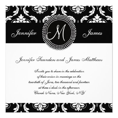 Black White Damask Initial Wedding Invitations