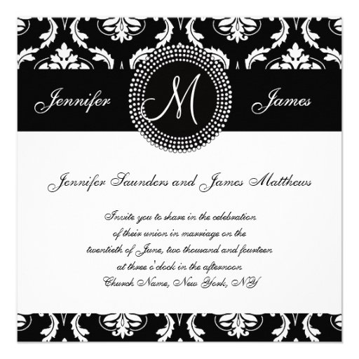Black White Damask Initial Wedding Invitations