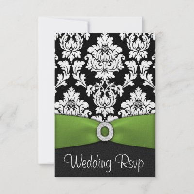 Black White Damask Lime Green Wedding RSVP Cards Custom Announcement by 