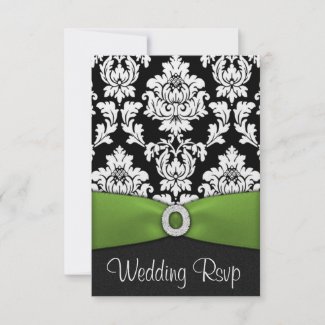 Black White Damask Lime Green Wedding RSVP Cards invitation