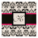BLACK WHITE DAMASK MONOGRAM Champagne Metallic Invites