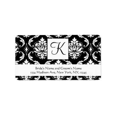 Black White Damask Monogram Wedding Address Labels
