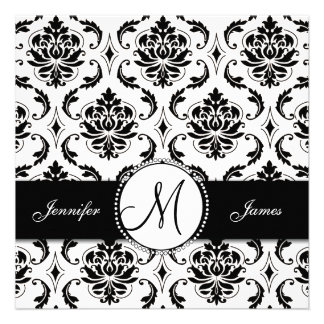 Black White Damask Monogram Wedding Invitation