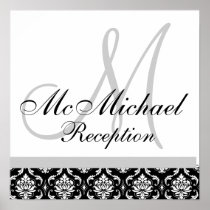 Black & White Damask  Monogram Wedding Reception Posters