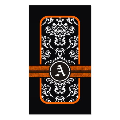 Black white damask orange band monogram business card template (front side)