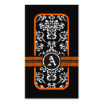 Black white damask orange band monogram business card template