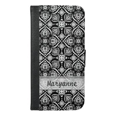 Black White Damask Pattern Personalized Name iPhone 6/6S Plus Wallet Case