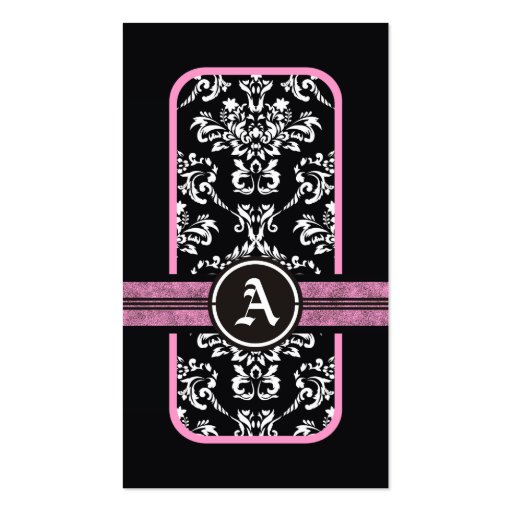 Black white damask pink band monogram business card template (front side)