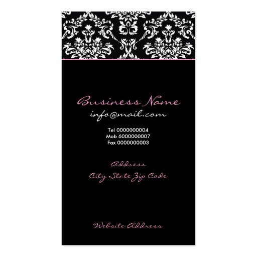 Black white damask pink band monogram business card template (back side)