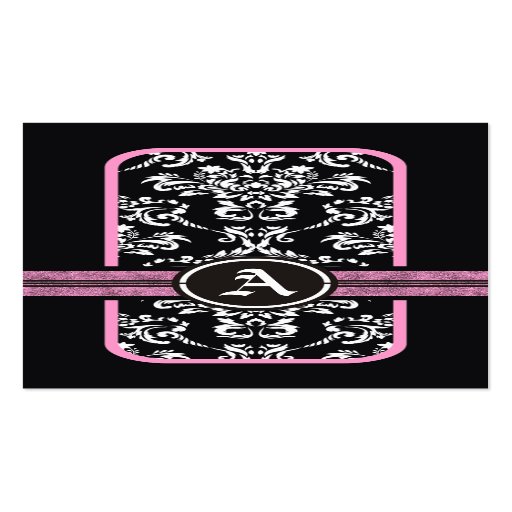 Black white damask pink band monogram business card template