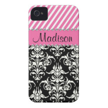 Black & White Damask / Pink Stipes Rhinestone Case iPhone 4 Cover