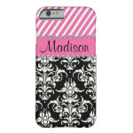 Black & White Damask / Pink Stipes Rhinestone Case Barely There iPhone 6 Case Black & White Damask / Pink Stipes Rhinestone Case Barely There iPhone 6 Case