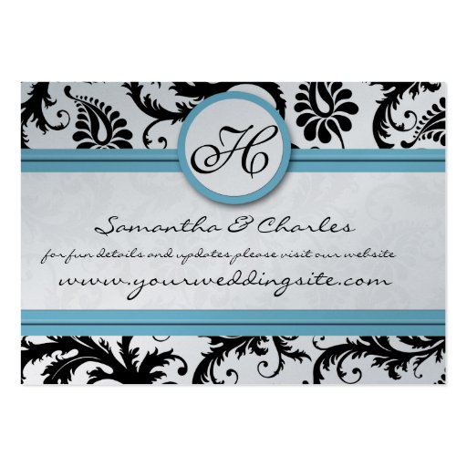 Black White Damask Pool Blue Trim Wedding Website Business Cards (front side)
