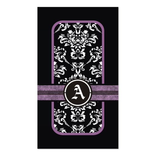 Black white damask purple band monogram business card templates