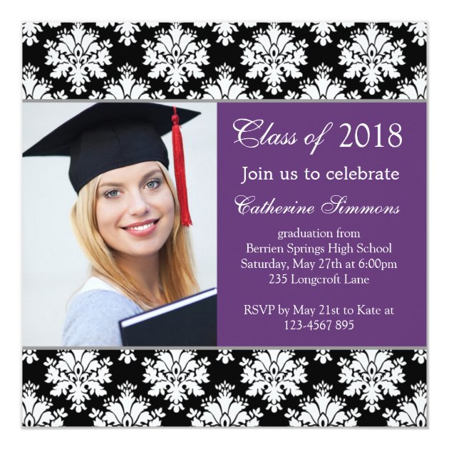 Black white damask, purple Graduation Party Invitation (front side)