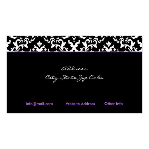 Black white damask purple heart business card (back side)