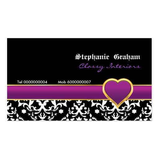 Black white damask purple heart business card (front side)