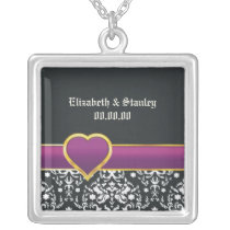 Black white damask purple heart Save the Date necklaces