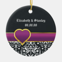 Black white damask purple heart Save the Date Ornaments