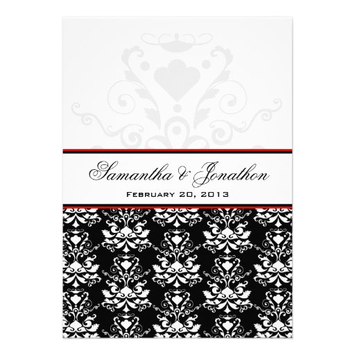 Black & White Damask Red Accent Wedding Invitation