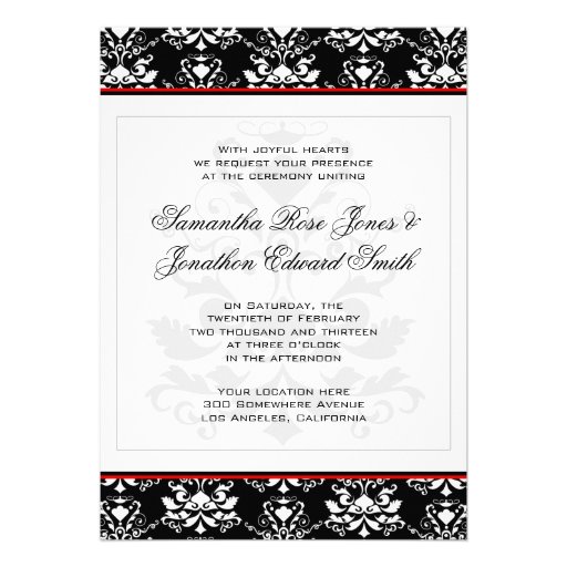 Black & White Damask Red Accent Wedding Invitation