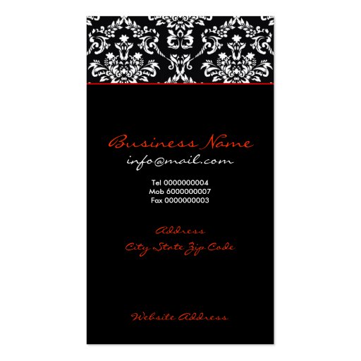 Black white damask red band monogram business card (back side)