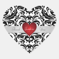 Black & White Damask Red Heart Thank You Sticker