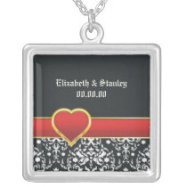 Black white damask red heart wedding Save the Date necklaces