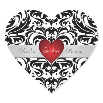 Black &amp; White Damask Red Heart Wedding Sticker