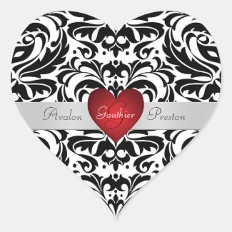 Black & White Damask Red Heart Wedding Sticker