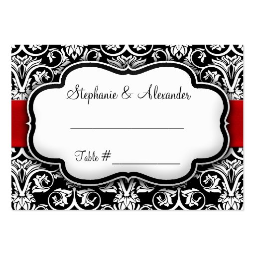 Black/White Damask Red Ribbon Business Card Template (front side)