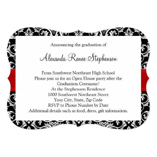 Black/White Damask Red Ribbon Graduation Invites