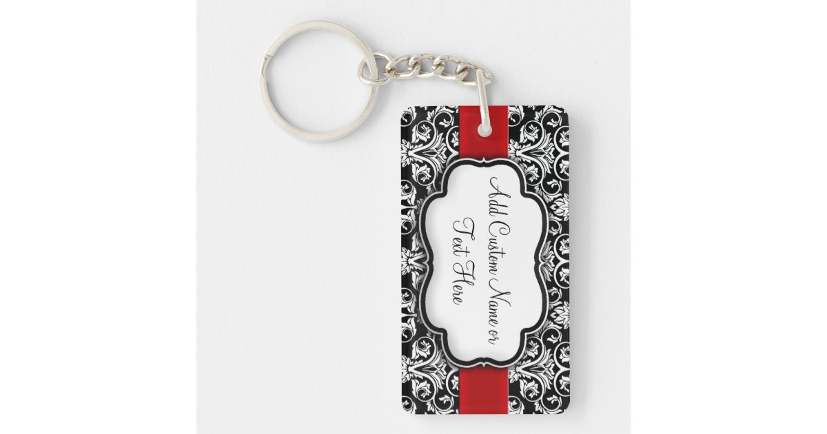 Black/White Damask Red Ribbon Keychain Zazzle