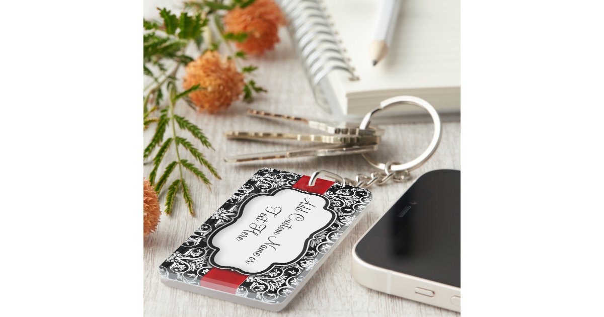 Black/White Damask Red Ribbon Keychain Zazzle