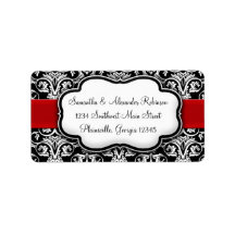 Black/White Damask Red Ribbon Personalized Address Label