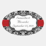 Black/White Damask Red Ribbon Oval Stickers