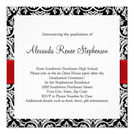 Black/White Damask Red Ribbon Square Graduation Personalized Invite