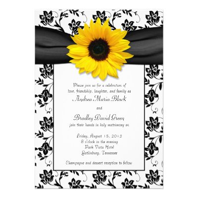 Black White Damask Sunflower Wedding Invitation